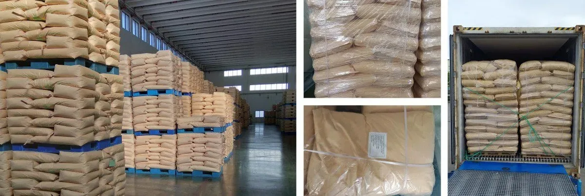 Organic pea protein isolate 2 25kg kraft paper bags palletized and stretch-wrapped in warehouse